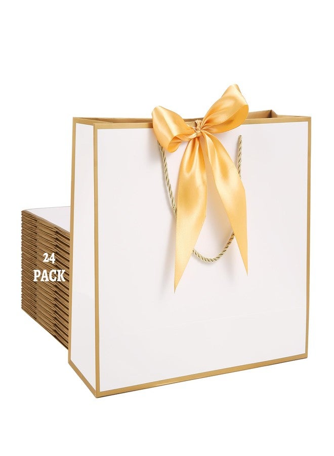 VZZNN 24 Pcs Gift Bags With Handles 12.6x9.8x 4.3in Medium Large Gift Bag with Bow Ribbon Portable Paper Bags for Wedding Thanksgiving Christmas Birthday Housewarming Gifts Bridesmaid Gift Bag White-Gold - Image 1