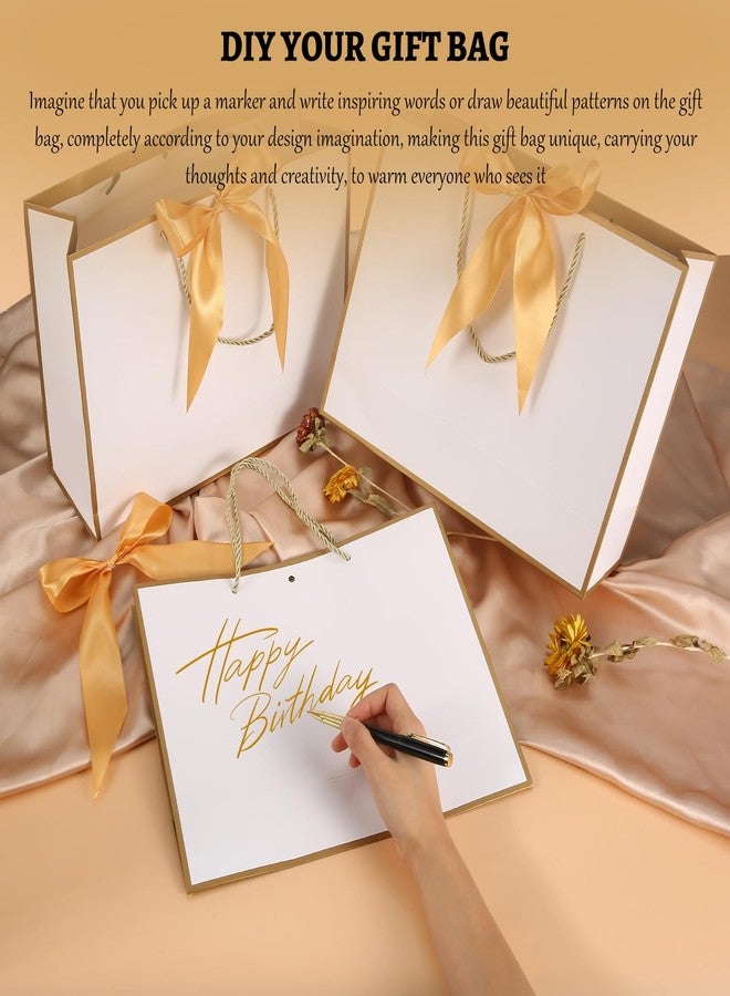 VZZNN 24 Pcs Gift Bags With Handles 12.6x9.8x 4.3in Medium Large Gift Bag with Bow Ribbon Portable Paper Bags for Wedding Thanksgiving Christmas Birthday Housewarming Gifts Bridesmaid Gift Bag White-Gold - Image 4