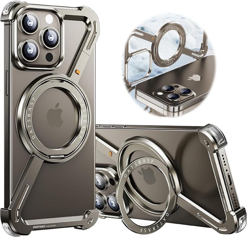 Minimalist Phone Case for iPhone 15 Pro Max, 360° Rotation Kickstand, Aluminum Metal Frameless Bumper, Protective Shock Grade Shell, Natural Titanium - Image 1