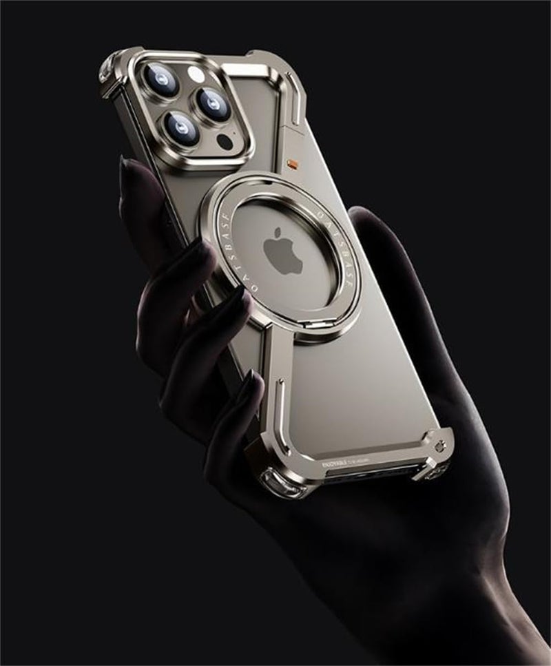 Minimalist Phone Case for iPhone 15 Pro Max, 360° Rotation Kickstand, Aluminum Metal Frameless Bumper, Protective Shock Grade Shell, Natural Titanium - Image 4