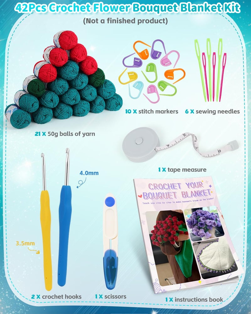 Aeelike Crochet Blanket Kit, Flower Bouquet Blanket Crochet Kit for Beginners Adults Roll Up Blankets Crochet Kit with Enough Yarn Detailed Instruction, Easy DIY Kit for Women & Home Decor, Rose - Image 3