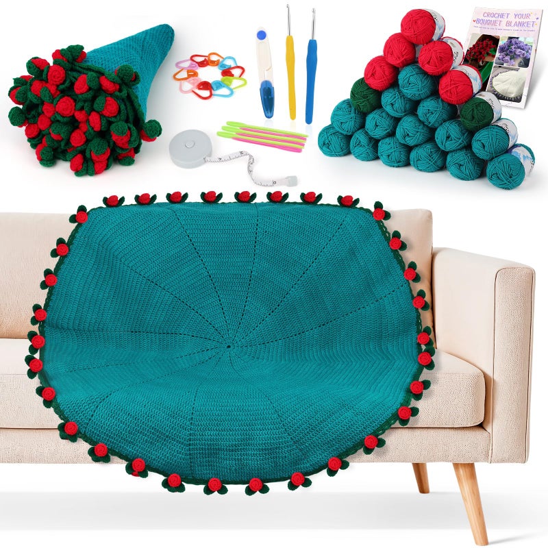Aeelike Crochet Blanket Kit, Flower Bouquet Blanket Crochet Kit for Beginners Adults Roll Up Blankets Crochet Kit with Enough Yarn Detailed Instruction, Easy DIY Kit for Women & Home Decor, Rose - Image 1