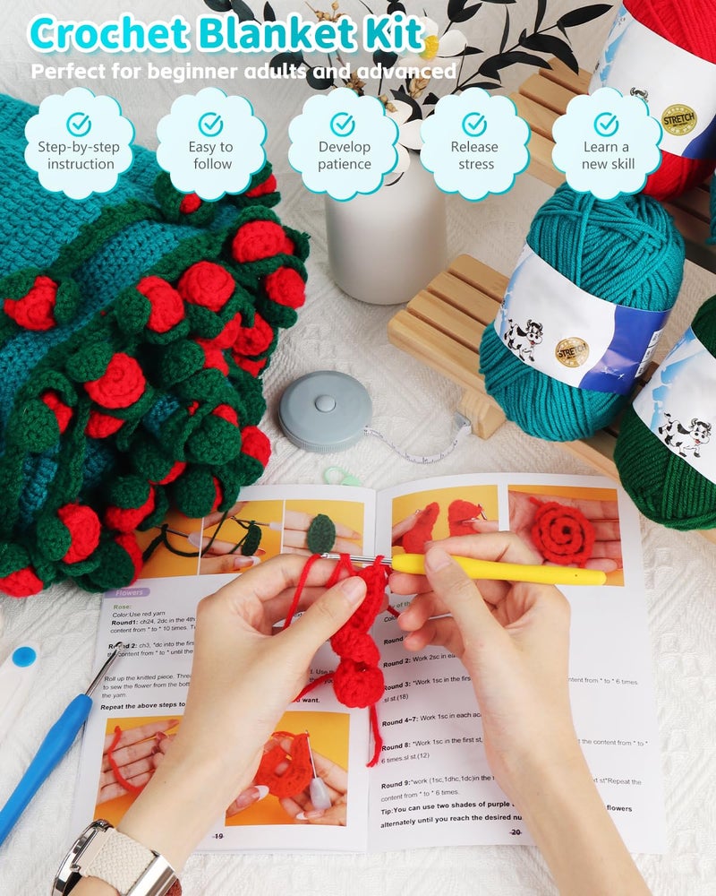 Aeelike Crochet Blanket Kit, Flower Bouquet Blanket Crochet Kit for Beginners Adults Roll Up Blankets Crochet Kit with Enough Yarn Detailed Instruction, Easy DIY Kit for Women & Home Decor, Rose - Image 4