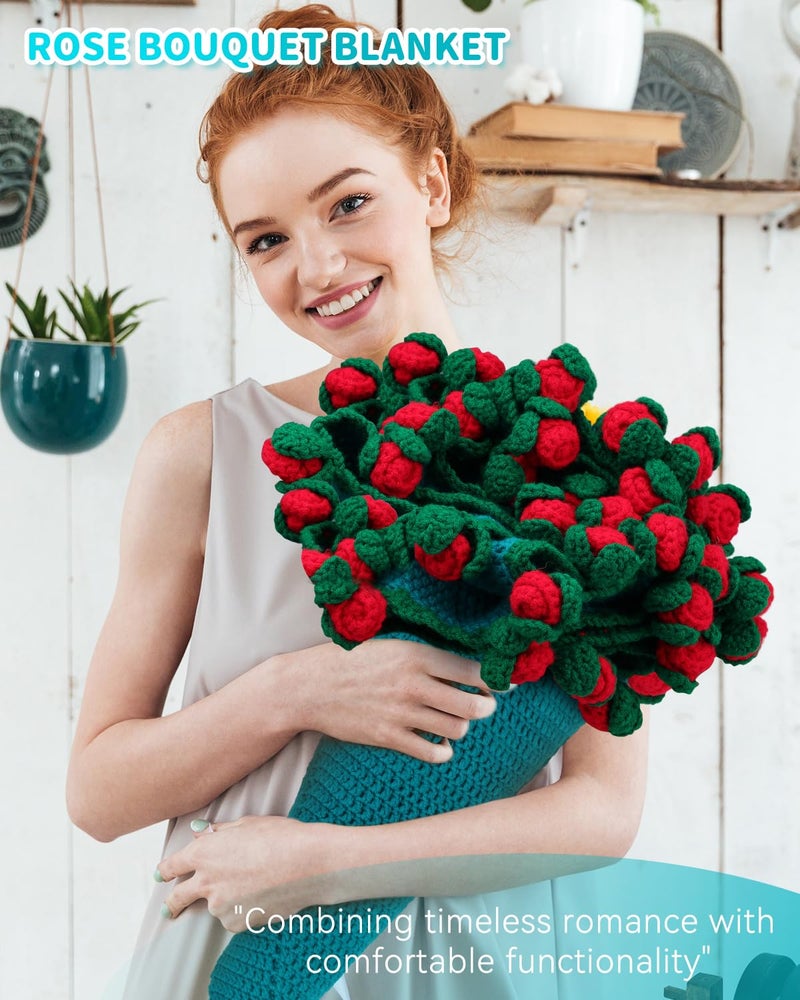 Aeelike Crochet Blanket Kit, Flower Bouquet Blanket Crochet Kit for Beginners Adults Roll Up Blankets Crochet Kit with Enough Yarn Detailed Instruction, Easy DIY Kit for Women & Home Decor, Rose - Image 2
