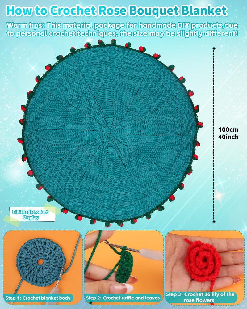 Aeelike Crochet Blanket Kit, Flower Bouquet Blanket Crochet Kit for Beginners Adults Roll Up Blankets Crochet Kit with Enough Yarn Detailed Instruction, Easy DIY Kit for Women & Home Decor, Rose - Image 5