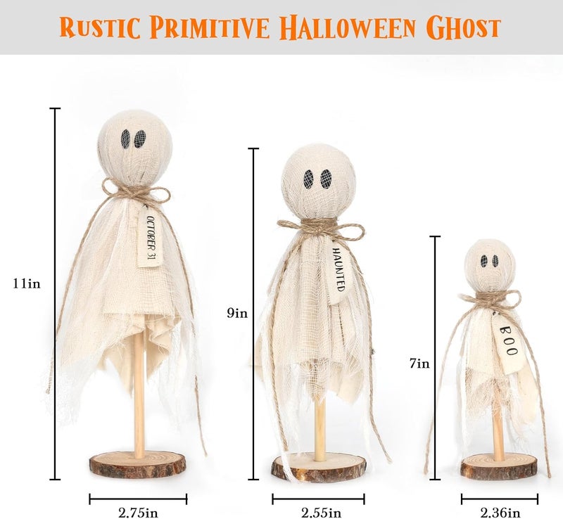DAZONGE Halloween Decorations Indoor - Set of 3 Primitive Halloween Ghosts on Wooden Stand for Table Centerpieces, Shelves, and Mantels - Image 3