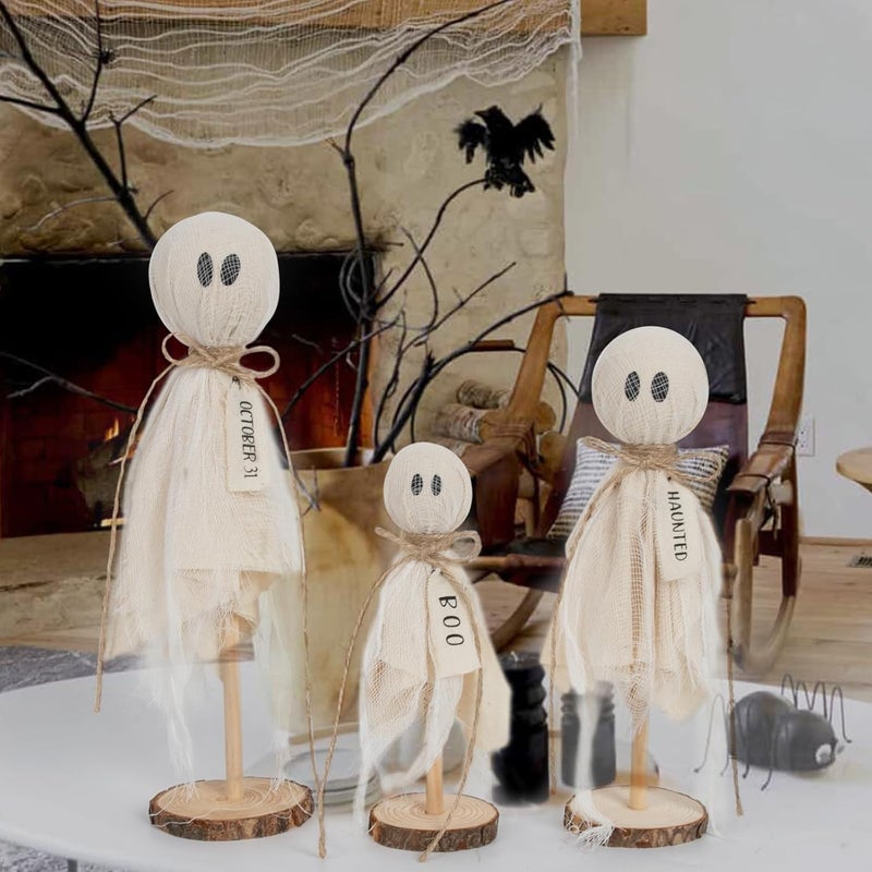 DAZONGE Halloween Decorations Indoor - Set of 3 Primitive Halloween Ghosts on Wooden Stand for Table Centerpieces, Shelves, and Mantels - Image 4