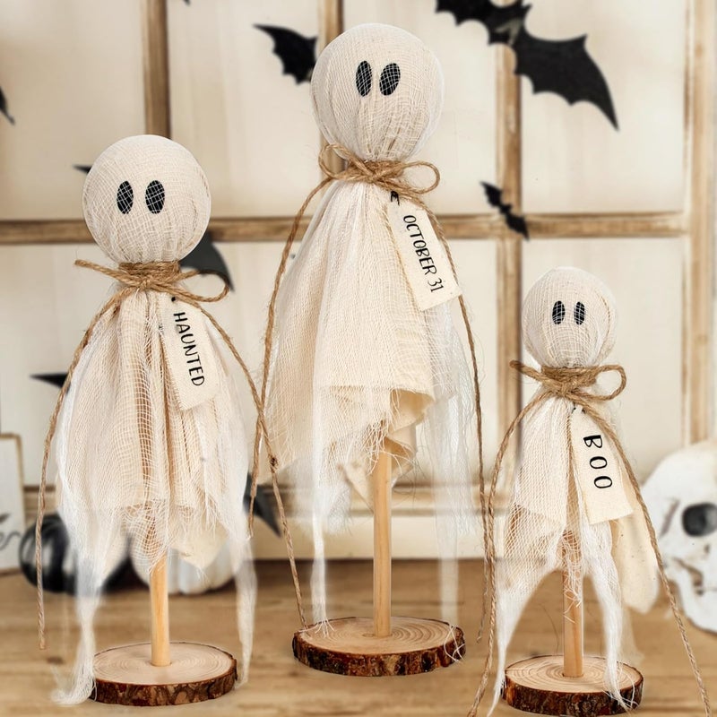 DAZONGE Halloween Decorations Indoor - Set of 3 Primitive Halloween Ghosts on Wooden Stand for Table Centerpieces, Shelves, and Mantels - Image 1