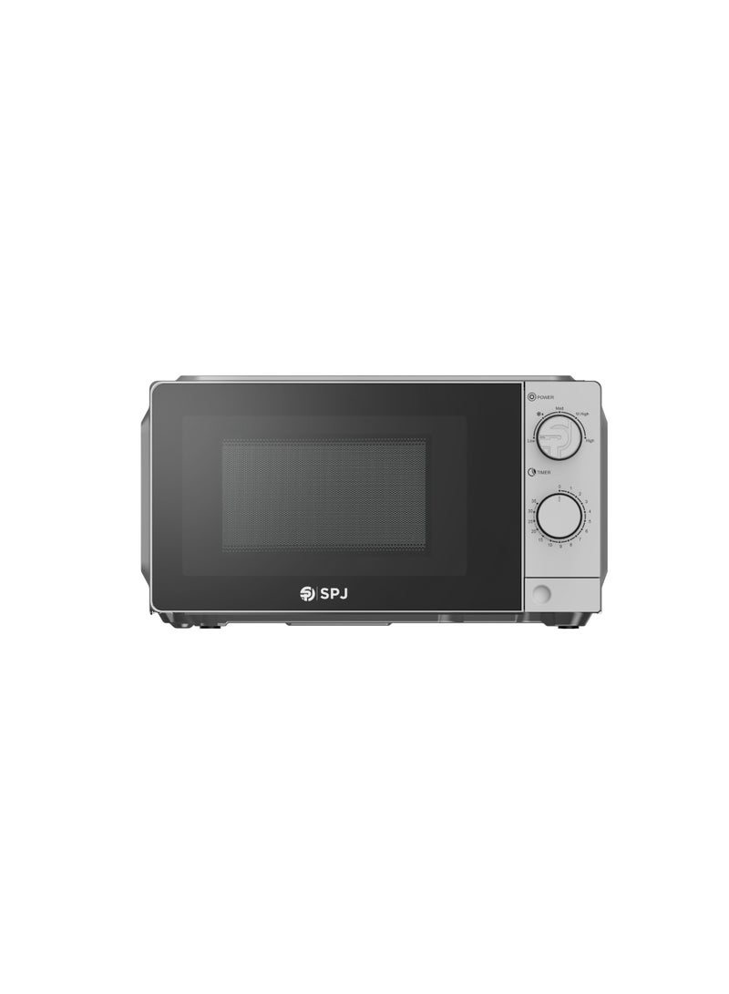 SPJ 20L Mechanical Microwave Oven, 700W Output Power, 5 Power Levels, Defrost Function, 35-Minute Timer, 245mm Glass Turntable, Manual Knob Control, Silver