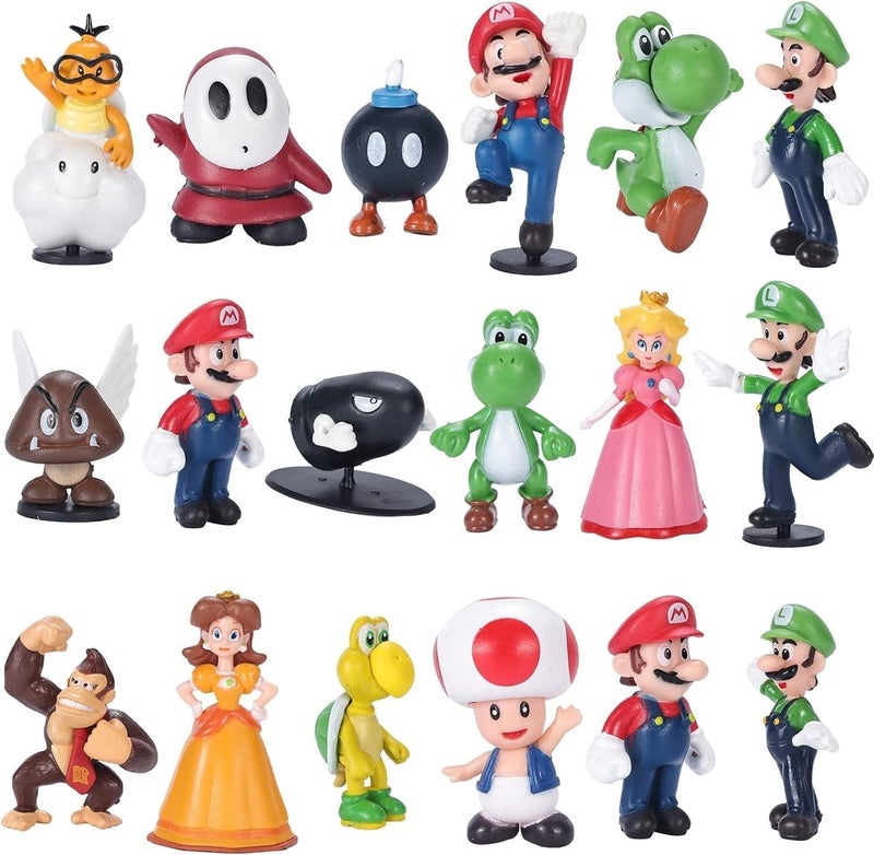 Mario & Luigi Figurines Toy Cake Toppers, Birthday Party Decoration Set Mystery Box Room and Office Decor Collection (18-Pack)