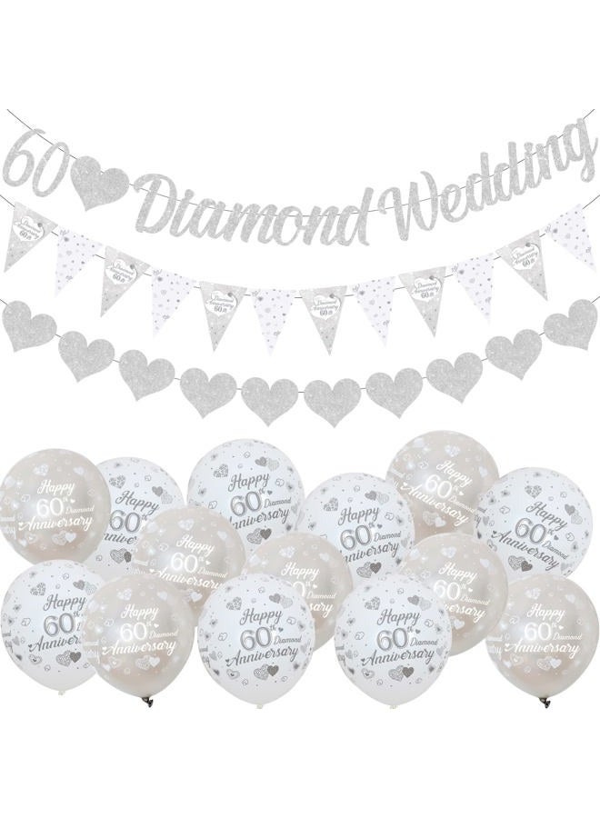 Fangleland 60th Wedding Anniversary Decorations Banners, 60th Diamond Wedding Glitter Banners, 60th Anniversary Bunting Flag and Balloons for Anniversary Party Supplies - Image 1