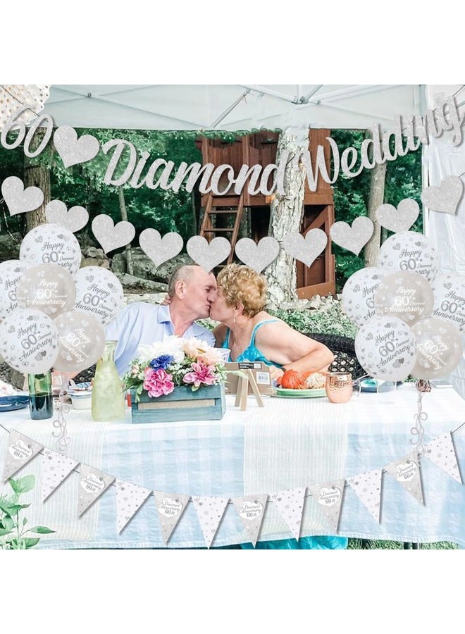 Fangleland 60th Wedding Anniversary Decorations Banners, 60th Diamond Wedding Glitter Banners, 60th Anniversary Bunting Flag and Balloons for Anniversary Party Supplies - Image 3