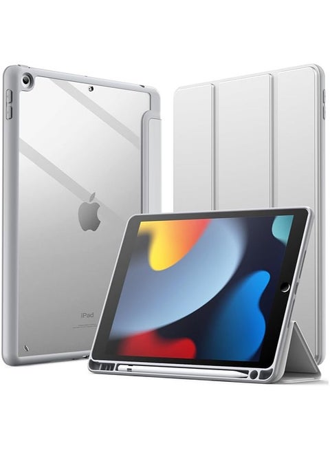 Case for iPad 9th Generation (10.2-Inch) (9th/8th/7th Generation, 2021/2020/2019) with Pencil Holder, Clear Transparent Back Shell Slim Stand Shockproof Tablet Cover, (Silver)