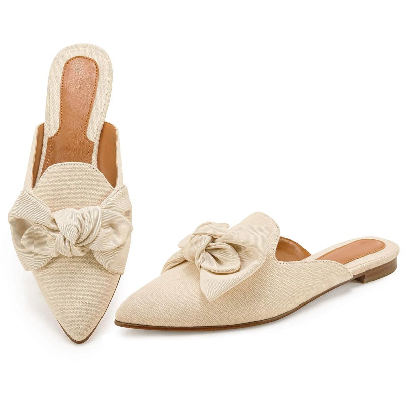 Rilista Flat Mules for Women Closed Pointed Toe Backless Mule Sandals Comfortable Slides Mules Shoes Ladies Slipon Loafers Light Khaki