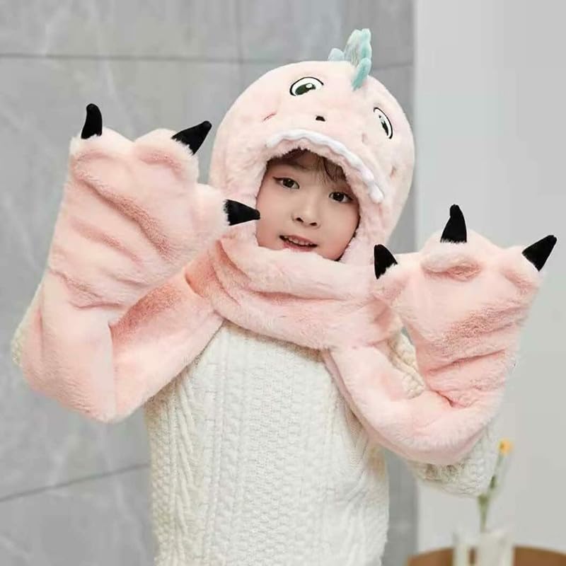 Richmen Winter 3 In 1 Hooded Scarf Hat Gloves set Women Cute Woolen Cap for Boys Girls Long Thick Fleece Winter Integrated Hoodie Earflap Outdoor Dinasour Hats Kids (Above 12 Years) - Image 5