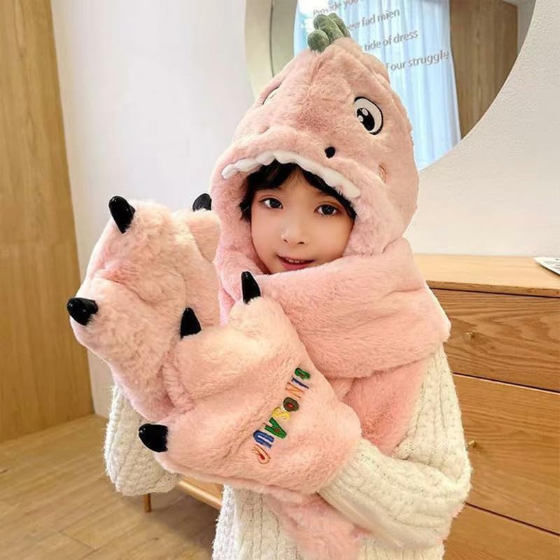 Richmen Winter 3 In 1 Hooded Scarf Hat Gloves set Women Cute Woolen Cap for Boys Girls Long Thick Fleece Winter Integrated Hoodie Earflap Outdoor Dinasour Hats Kids (Above 12 Years) - Image 4