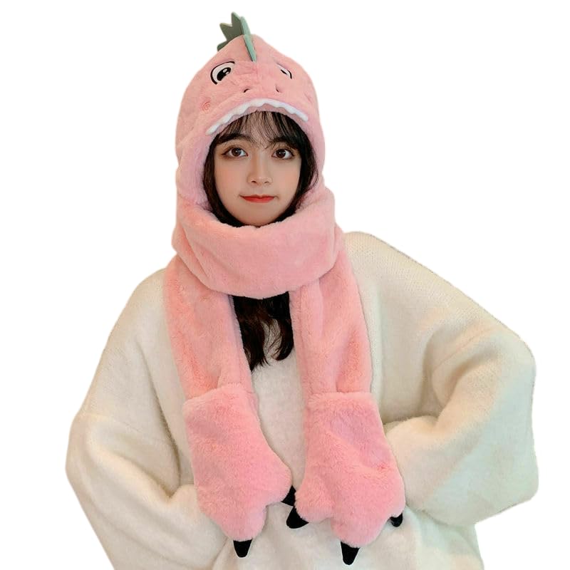 Richmen Winter 3 In 1 Hooded Scarf Hat Gloves set Women Cute Woolen Cap for Boys Girls Long Thick Fleece Winter Integrated Hoodie Earflap Outdoor Dinasour Hats Kids (Above 12 Years) - Image 1