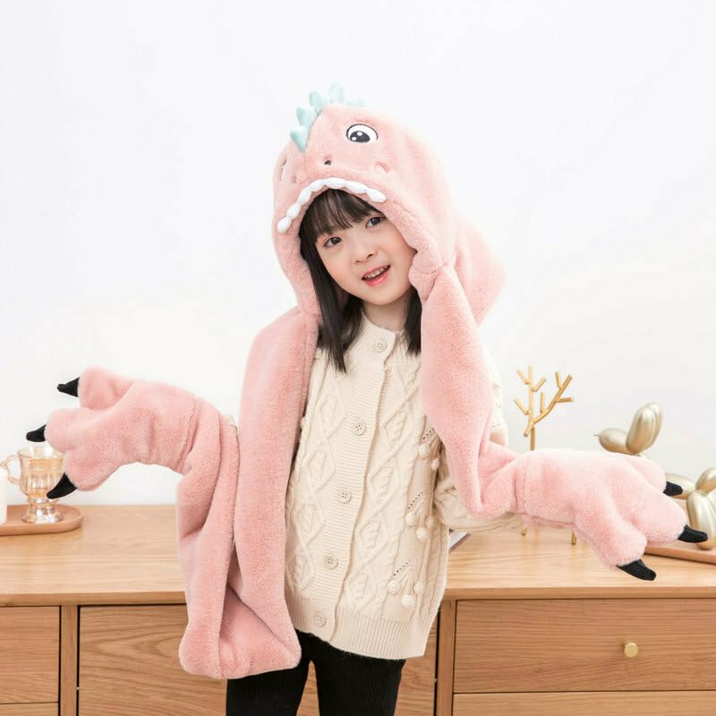 Richmen Winter 3 In 1 Hooded Scarf Hat Gloves set Women Cute Woolen Cap for Boys Girls Long Thick Fleece Winter Integrated Hoodie Earflap Outdoor Dinasour Hats Kids (Above 12 Years) - Image 3