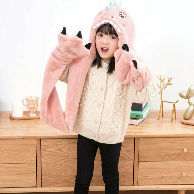 Richmen Winter 3 In 1 Hooded Scarf Hat Gloves set Women Cute Woolen Cap for Boys Girls Long Thick Fleece Winter Integrated Hoodie Earflap Outdoor Dinasour Hats Kids (Above 12 Years) - Image 2