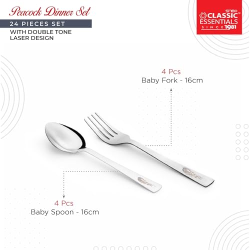 Classic Essentials Stainless Steel Dinner Set|Serves 4 People|Heavy Gauge|Kitchen Set|Permanent Laser-Peacock, Set of 24 - Image 4