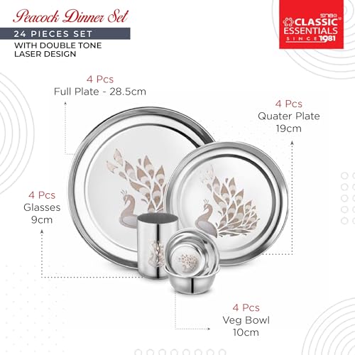Classic Essentials Stainless Steel Dinner Set|Serves 4 People|Heavy Gauge|Kitchen Set|Permanent Laser-Peacock, Set of 24 - Image 3