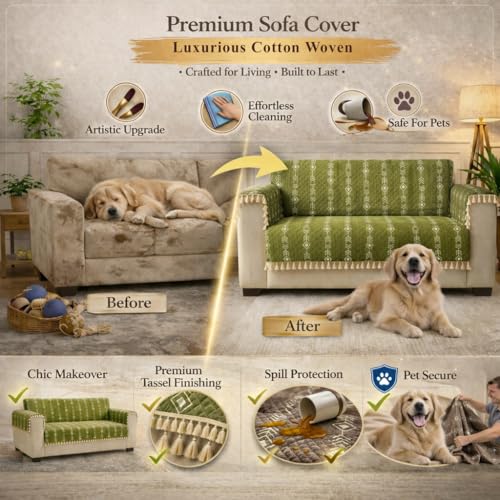 STITCHNEST Chenille Printed Sofa Cover 3 Seater with 2 Hand Rest Covers – Washable Green Sofa Cover with Tassels – Durable Premium Fabric – Stylish Sofa Protector for Living Room & Furniture Decor - Image 4