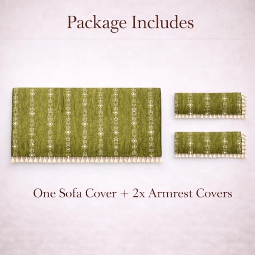 STITCHNEST Chenille Printed Sofa Cover 3 Seater with 2 Hand Rest Covers – Washable Green Sofa Cover with Tassels – Durable Premium Fabric – Stylish Sofa Protector for Living Room & Furniture Decor - Image 2