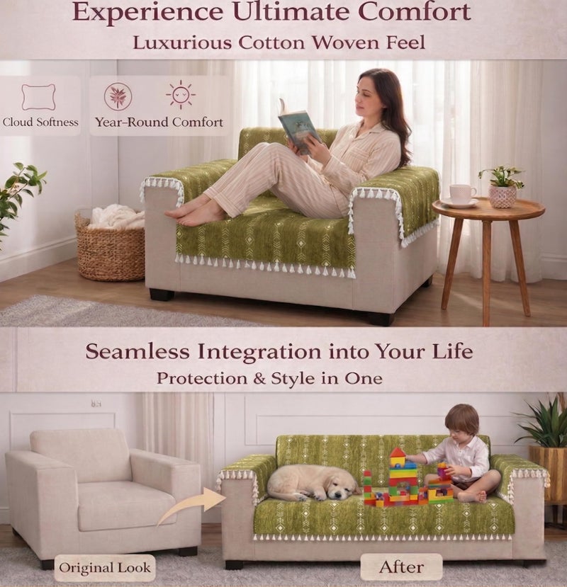 STITCHNEST Chenille Printed Sofa Cover 3 Seater with 2 Hand Rest Covers – Washable Green Sofa Cover with Tassels – Durable Premium Fabric – Stylish Sofa Protector for Living Room & Furniture Decor - Image 3