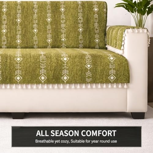 STITCHNEST Chenille Printed Sofa Cover 3 Seater with 2 Hand Rest Covers – Washable Green Sofa Cover with Tassels – Durable Premium Fabric – Stylish Sofa Protector for Living Room & Furniture Decor - Image 5