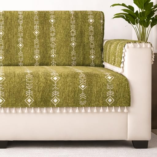 STITCHNEST Chenille Printed Sofa Cover 3 Seater with 2 Hand Rest Covers – Washable Green Sofa Cover with Tassels – Durable Premium Fabric – Stylish Sofa Protector for Living Room & Furniture Decor - Image 1