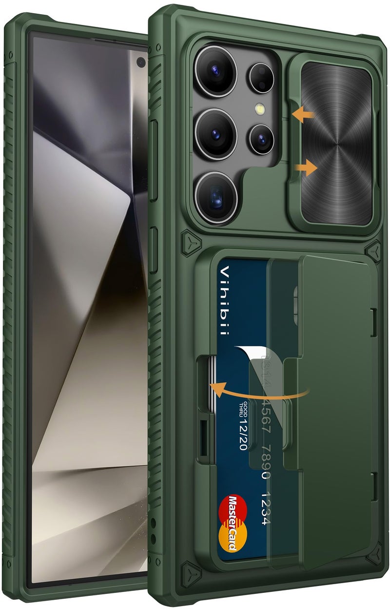 Vihibii for Samsung Galaxy S24 Ultra Case with Card Holder (4 Cards) & Slide Lens Cover & Kickstand & Raised Edges Protect Screen, Shockproof Rugged Case for Samsung Galaxy S24 Ultra 6.8", Green - Image 1