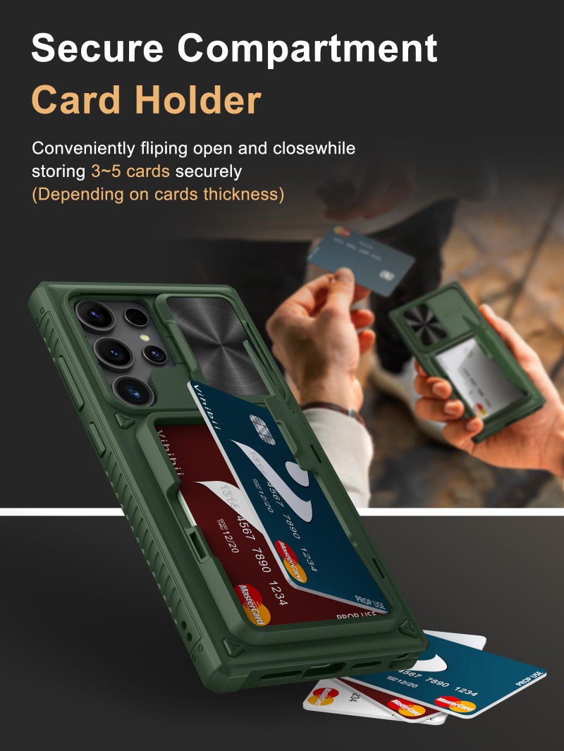 Vihibii for Samsung Galaxy S24 Ultra Case with Card Holder (4 Cards) & Slide Lens Cover & Kickstand & Raised Edges Protect Screen, Shockproof Rugged Case for Samsung Galaxy S24 Ultra 6.8", Green - Image 3