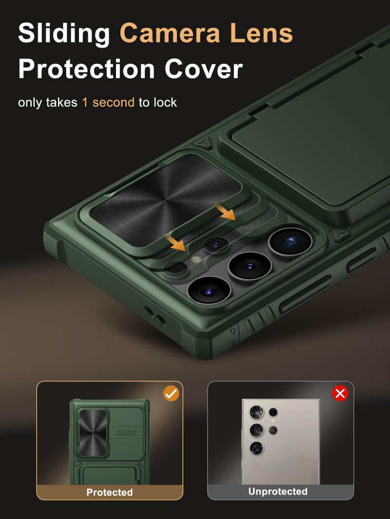 Vihibii for Samsung Galaxy S24 Ultra Case with Card Holder (4 Cards) & Slide Lens Cover & Kickstand & Raised Edges Protect Screen, Shockproof Rugged Case for Samsung Galaxy S24 Ultra 6.8", Green - Image 4