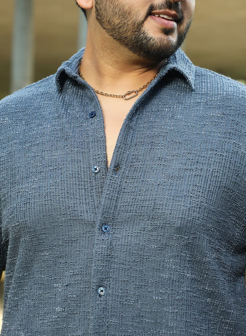Instafab Plus Instafab Plus Men's Prussian Blue Tactile-Resort Shirt For Casual Wear | Spread Collar | Short Regular Sleeves | Button Closure | Plus Size Shirt Crafted With Comfort Fit For Everyday Wear