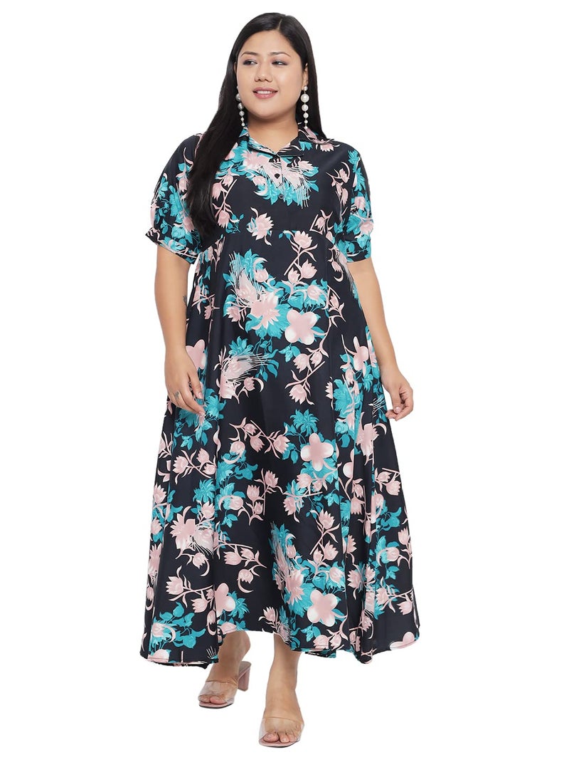 Indietoga Women's Plus Size Green & Black Printed Long Maxi Dress (10XL) - Image 1
