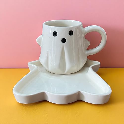 BACKKSPACE RETAIL 3D Mysitical Figure in White with Dessert Plate | Creative Morning Mug Cup for Hot and Cold Tea Milk Coffee Cookie | Perfect for Kids Decorations Best Office Cup (Ceramic), 350 ML - Image 1