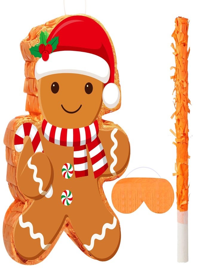 Harrycle Christmas Gingerbread Man Piñata 16 Inch Mexican Piñata with Stick Blindfold Pack Christmas Prop Bundle for Xmas Birthday Holiday Game Favors Photo Prop Decoration - Image 1