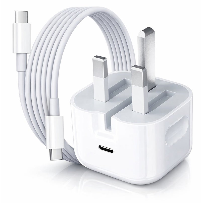 USB-C Fast Charger 3-Pin Plug with USB-C to USB-C Cable for iPhone and iPad – White - Image 1