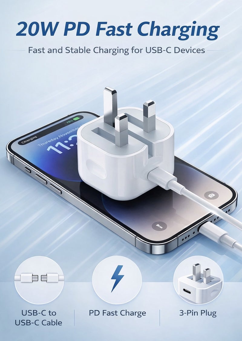 USB-C Fast Charger 3-Pin Plug with USB-C to USB-C Cable for iPhone and iPad – White - Image 3