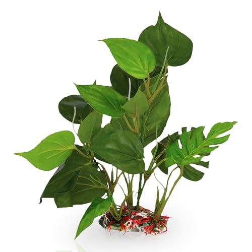 SunGrow Plastic Leaf Plant, Heavy-Duty Ceramic Base, Hiding Spot for Fish, Betta, Angelfish, Gold Fish, Frog, Python, Reptiles, Amphibians (10 Inches, 1 Count) - Image 1