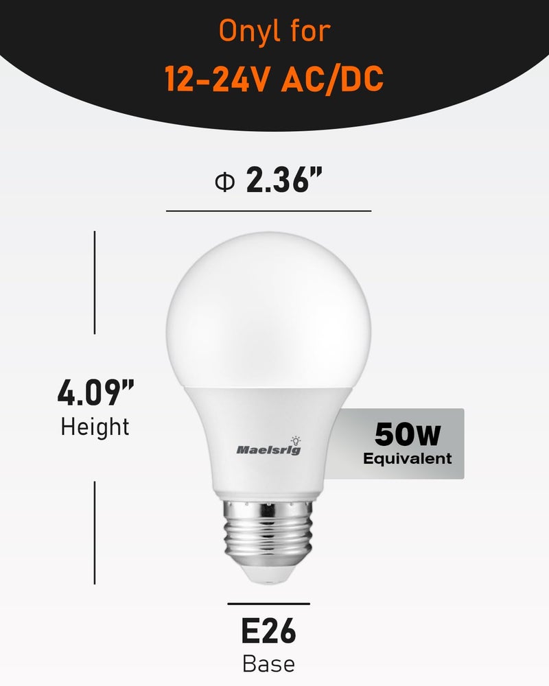 Maelsrlg 12V LED Bulb 6W(50W Equivalent), Warm White 3000K, 12V-24V AC/DC, 600 Lumens, Non-Dimmable, A19 12V DC LED Light Bulbs, E26 Base, Pack of 6 - Image 2