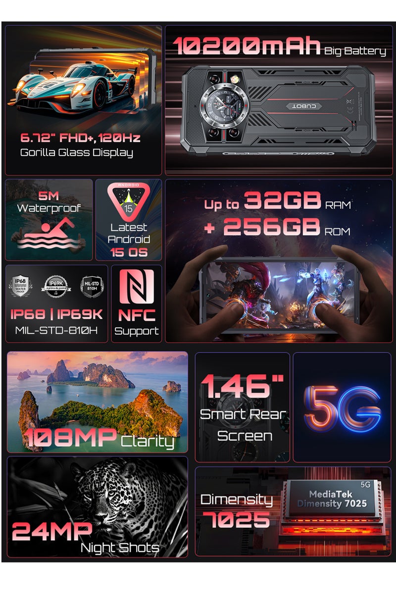 كوبوت هاتف كينج كونج 11 5G مقاوم للصدمات والماء، شاشة 6.72 بوصة FHD+ بسرعة 120 هرتز، أندرويد 15، شريحتين اتصال، ذاكرة 16GB RAM + 256GB ROM، بطارية 10200mAh، كاميرا خلفية 108MP وأمامية 32MP، دعم NFC وOTG - أسود - Image 2