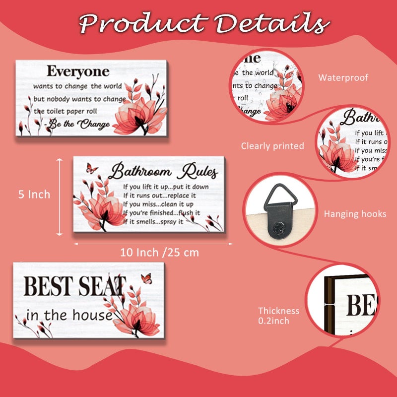 DONFENTHY 3 Pieces Red Bathroom Decor Bathroom Rules Wall Art Red Flower Bathroom Rules Sign Best Seat in The House Rustic Farmhouse Wooden Sign for Bathroom Toilet Wall Decor (Red 10x5 Inch) - Image 4