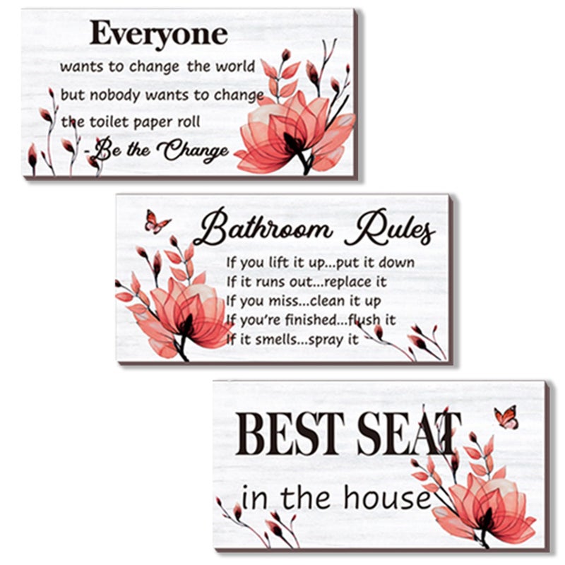 DONFENTHY 3 Pieces Red Bathroom Decor Bathroom Rules Wall Art Red Flower Bathroom Rules Sign Best Seat in The House Rustic Farmhouse Wooden Sign for Bathroom Toilet Wall Decor (Red 10x5 Inch) - Image 1