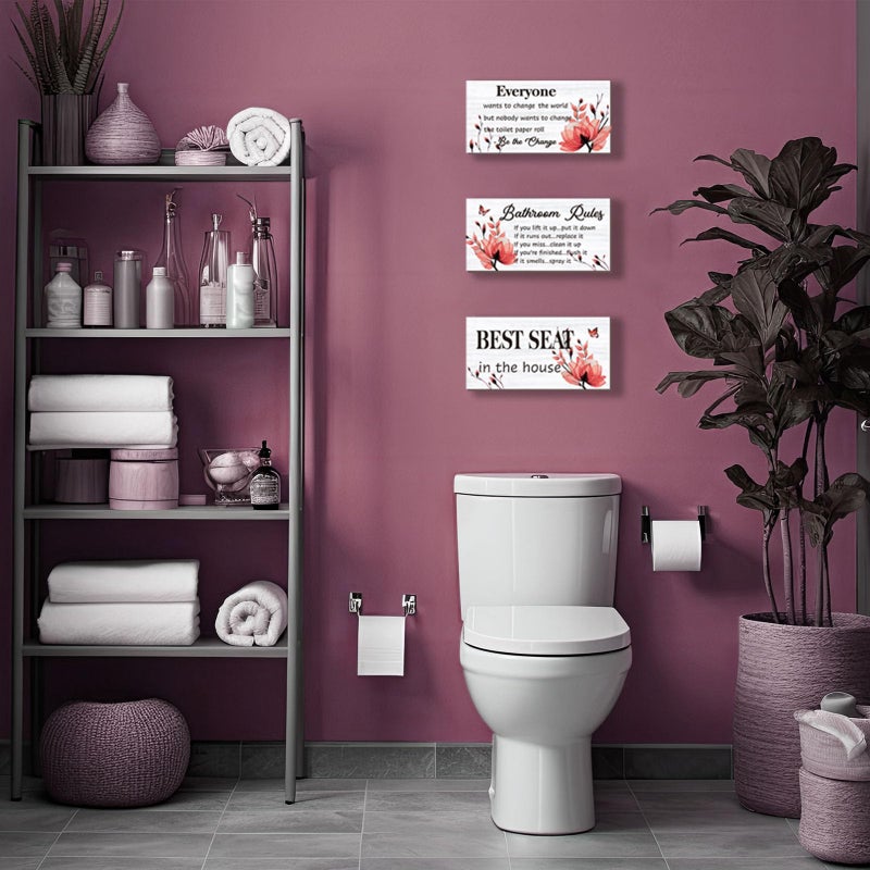 DONFENTHY 3 Pieces Red Bathroom Decor Bathroom Rules Wall Art Red Flower Bathroom Rules Sign Best Seat in The House Rustic Farmhouse Wooden Sign for Bathroom Toilet Wall Decor (Red 10x5 Inch) - Image 2