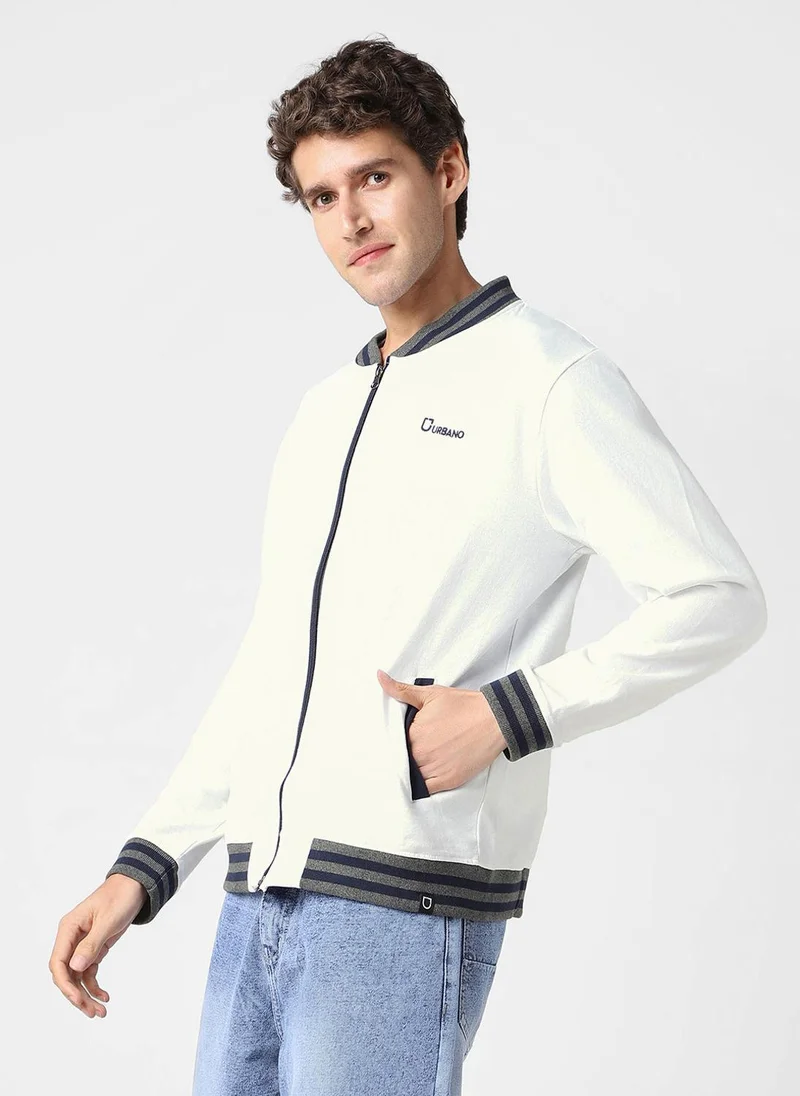 Urbano Fashion  Urbano Fashion Men's White Cotton Zippered Varsity Sweatshirt for Men | Best Price UAE