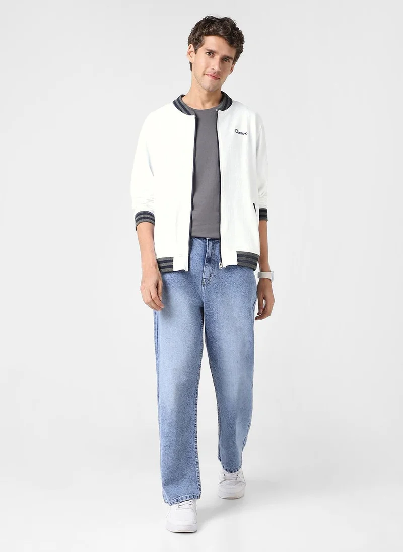 Urbano Fashion  Urbano Fashion Men's White Cotton Zippered Varsity Sweatshirt for Men | Best Price UAE