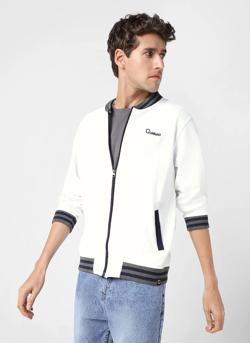 Urbano Fashion Men's White Cotton Zippered Varsity Sweatshirt