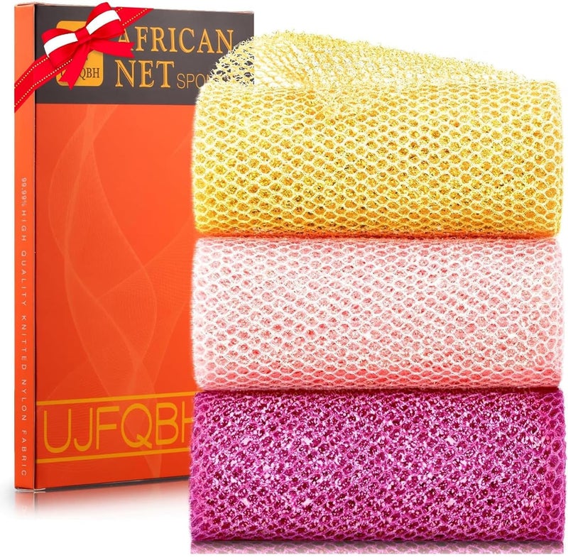 3 Piece Bright Style African exfoliating net Exfoliating Shower Set Long Bath Sponges for Smooth Refreshed Skin The Exterior Gleams  Ideal for Daily Use Bright Yellow Pink Purple