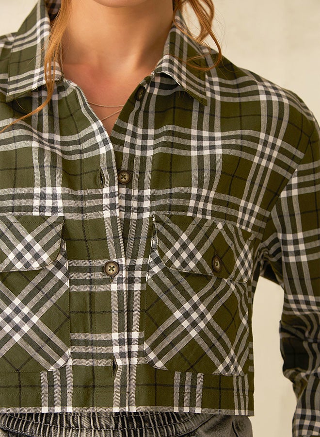 Virgio VIRGIO 100% Cotton Green Cropped Plaid Shacket  - Image 3